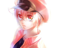 Rule 34 | 10s, 1girl, ae-3803, bad id, bad pixiv id, beret, bou (maimoca501), hat, hataraku saibou, light, looking at viewer, red blood cell, red eyes, red hair, short hair, simple background, solo, uniform, upper body