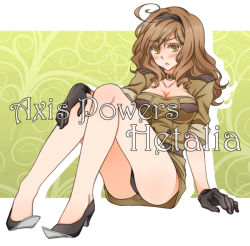 Rule 34 | 1girl, ahoge, arm support, ass, axis powers hetalia, blush, breasts, brown hair, cleavage, collar, colored eyelashes, english text, frown, gender request, genderswap, gloves, hairband, high heels, itsukino, large breasts, long hair, military, military uniform, miniskirt, no bra, panties, pantyshot, shoes, short hair, sitting, skirt, solo, southern italy (hetalia), text focus, underwear, uniform, upskirt, wavy hair, yellow eyes