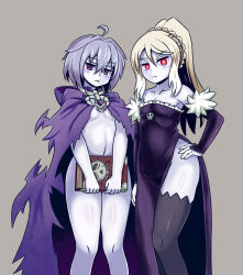 Rule 34 | &gt;:(, 2girls, ahoge, bare legs, bare shoulders, black legwear, blonde hair, blush, book, bottomless, braid, breasts, bridal gauntlets, cloak, collarbone, dress, elbow gloves, empty eyes, french braid, frown, glaring, gloves, grey background, grey hair, hair between eyes, hand on own hip, highres, holding, holding book, hood, hooded cloak, lich (monster girl encyclopedia), long hair, looking at viewer, monster girl encyclopedia, multiple girls, naked cloak, nav (itsnav), navel, no panties, pale skin, purple dress, purple eyes, purple gloves, red eyes, short hair, side slit, simple background, skull, small breasts, thick eyebrows, thighhighs, v-shaped eyebrows, wide hips, wight (monster girl encyclopedia)