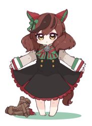 Rule 34 | 1girl, animal ears, barefoot, black dress, black hair, blush, boots, bow, brown eyes, brown footwear, brown hair, chibi, colored shadow, commentary request, diagonal-striped bow, dress, ear bow, frilled dress, frills, full body, green bow, grey shirt, hair between eyes, highres, horse ears, horse girl, horse tail, juliet sleeves, long sleeves, looking at viewer, multicolored hair, nice nature (umamusume), nozo (hitomiz), parted lips, puffy sleeves, shadow, shirt, sleeveless, sleeveless dress, sleeves past wrists, solo, standing, streaked hair, tail, twintails, umamusume, unworn boots, white background