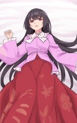 Rule 34 | 1girl, black hair, bow, bowtie, commentary, highres, houraisan kaguya, kakone, long hair, long sleeves, looking at viewer, one-hour drawing challenge, open mouth, pink shirt, red eyes, red skirt, shirt, simple background, skirt, solo, touhou, white bow, white bowtie