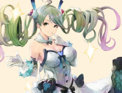 Rule 34 | 10s, 1girl, antenna hair, bad id, bad pixiv id, bare shoulders, beige background, blush, breasts, de la fille, detached sleeves, dress, drill hair, floating hair, gloves, gradient hair, granblue fantasy, green hair, koretsuki aduma, long hair, medium breasts, multicolored hair, parted lips, pink hair, pointing, pointing at self, simple background, sleeveless, sleeveless dress, smile, solo, sparkle, strapless, strapless dress, swept bangs, white dress, white gloves
