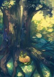 Rule 34 | artist name, bad id, bad pixiv id, commentary request, creatures (company), closed eyes, game freak, gen 4 pokemon, highres, leafeon, manino (mofuritaionaka), nintendo, no humans, outdoors, pokemon, pokemon (creature), scenery, signature, sleeping, solo, tree, tree shade, under tree