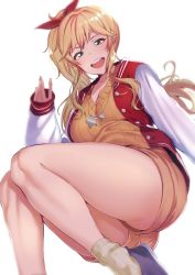 Rule 34 | 1girl, amano don, blonde hair, dress, highres, idolmaster, idolmaster cinderella girls, idolmaster cinderella girls starlight stage, jacket, jewelry, legs, letterman jacket, necklace, ohtsuki yui, open mouth, ponytail, solo, sweater, sweater dress