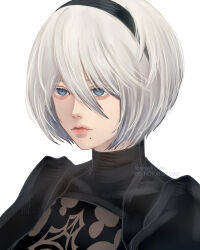 Rule 34 | 1girl, 2b (nier:automata), aegyo sal, artist name, black hairband, blue eyes, closed mouth, commentary, eyelashes, hair between eyes, hairband, highres, looking ahead, mitsuki nite, mole, mole under mouth, nier:automata, nier (series), pink lips, short hair, simple background, solo, twitter username, upper body, watermark, white background, white hair