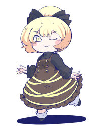 Rule 34 | 1girl, black bow, black footwear, black shirt, blonde hair, blush stickers, bow, brown dress, chahan (fried rice0614), closed mouth, dress, full body, hair bow, highres, kurodani yamame, long sleeves, one eye closed, ponytail, shirt, shoes, short hair, simple background, smile, socks, solo, standing, standing on one leg, touhou, white background, white socks, yellow eyes