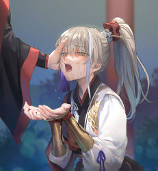 Rule 34 | 2boys, archer (fate/samurai remnant), blush, chinese hairpin, cum, cum in mouth, cum on tongue, cupping hands, facial, fate/samurai remnant, fate (series), hand on another&#039;s head, keclpshvli, male focus, multiple boys, open mouth, own hands together, robe, tongue, white hair, white robe, yaoi, yellow eyes, zheng chenggong (fate)