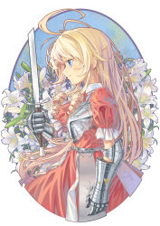 Rule 34 | 1girl, ahoge, armor, armored dress, blonde hair, blue eyes, cowboy shot, dress, easter lily, expressionless, flower, gauntlets, highres, holding, holding sword, holding weapon, kanpani girls, lily (flower), long hair, metal gloves, monique waroquier, okuribi, profile, red dress, ringlets, solo, sword, weapon, white flower