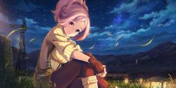 Rule 34 | 1girl, boots, breasts, brown gloves, character request, cloud, fingerless gloves, game cg, gloves, grass, high ponytail, highres, kouya no kotobuki hikoutai, lantern, large breasts, looking at viewer, looking to the side, mountainous horizon, night, night sky, non-web source, official art, pantyhose, parted bangs, pink hair, red eyes, skirt, sky, sleeves rolled up, solo, star (sky), starry sky, suspender skirt, suspenders, sweater, turtleneck, turtleneck sweater