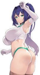 Rule 34 | 1girl, arm up, armpits, ass, black choker, blue hair, breasts, brown thighhighs, buruma, choker, closed mouth, commentary request, crop top, dot mouth, elbow gloves, from behind, gloves, green buruma, green eyes, green gym girl (nagase haruhito), green panties, hair between eyes, hair ornament, hairclip, large breasts, long hair, looking at viewer, looking back, nagase haruhito, original, paid reward available, panties, ponytail, shirt, simple background, solo, thighhighs, twisted torso, underwear, white background, white gloves, white shirt