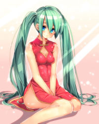 Rule 34 | 1girl, blue eyes, china dress, chinese clothes, cocooji, dress, green hair, hands on lap, hatsune miku, long hair, sitting, smile, solo, twintails, very long hair, vocaloid