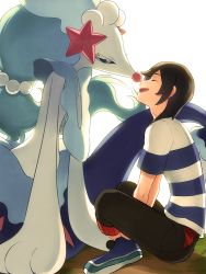Rule 34 | 1boy, bad id, bad twitter id, black hair, bloom, capri pants, closed eyes, creatures (company), elio (pokemon), game freak, gen 7 pokemon, highres, looking at another, male focus, nintendo, open mouth, pants, pokemon, pokemon (creature), pokemon sm, primarina, shirt, shoes, short hair, simple background, sitting, smile, sneakers, striped clothes, striped shirt, swept bangs, t-shirt, white background, yukin (es)