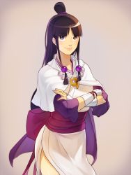 Rule 34 | 1girl, maya fey, black hair, closed mouth, crossed arms, ace attorney, hair ornament, half updo, japanese clothes, jewelry, ki (mxxxx), long hair, looking at viewer, magatama, necklace, simple background, smile, solo
