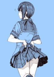 Rule 34 | 10s, 1girl, apron, blue background, blue theme, closed mouth, commentary request, from behind, fubuki (kancolle), kantai collection, kneehighs, kouji (campus life), looking at viewer, looking back, monochrome, musical note, panties, pantyshot, pleated skirt, ponytail, quaver, school uniform, serafuku, short hair, short ponytail, short sleeves, sketch, skirt, smile, socks, solo, standing, tying apron, underwear