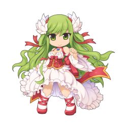 Rule 34 | 1girl, bow, breasts, chibi, cleavage, closed mouth, corset, detached sleeves, dress, floating hair, frilled dress, frilled sleeves, frills, full body, green eyes, green hair, head wings, high heels, kneehighs, large bow, long hair, looking at viewer, medium bangs, medium breasts, official alternate costume, official art, ragnarok online, red corset, red footwear, simple background, sleeveless, sleeveless dress, smile, socks, solo, standing, tachi-e, transparent background, wanderer (ragnarok online), wavy hair, white dress, white sleeves, white wings, wide sleeves, wings, yuichirou