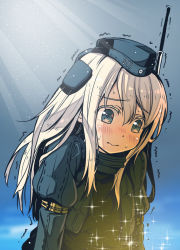 Rule 34 | 10s, 1girl, 3:, arms at sides, blonde hair, blurry, blush, broiler, closed mouth, colored eyelashes, commentary, cropped jacket, depth of field, from side, garrison cap, hair between eyes, hat, highres, kantai collection, light beam, long hair, long sleeves, military, military uniform, nose blush, puffy long sleeves, puffy sleeves, solo, sparkle, trembling, u-511 (kancolle), uniform, upper body, water