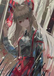Rule 34 | 1girl, baggy pants, bamboo, bamboo forest, beige shirt, bow, buttons, collared shirt, fire, forest, fujiwara no mokou, hair bow, highres, hime cut, long hair, long sleeves, multiple hair bows, nature, ofuda, ofuda on clothes, pants, red eyes, red pants, ribbon, rin (rin7kan7), shirt, sleeve garter, suspenders, touhou, very long hair, white bow, white hair, white shirt