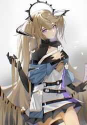 Rule 34 | 1girl, arknights, belt, black belt, black gloves, blonde hair, breasts, chinese commentary, cleavage, commentary request, cowboy shot, flower, gloves, grey background, hair between eyes, hand up, highres, holding, holding own hair, indigo (arknights), infection monitor (arknights), long hair, medium breasts, parted lips, pointy ears, purple eyes, solo, standing, thigh strap, thighs, two side up, ufoliving, upper body, very long hair, white flower