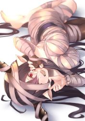 Rule 34 | 1girl, :d, antenna hair, ass, asymmetrical legwear, bad id, bad pixiv id, bandages, barefoot, black gloves, black hair, black legwear, breasts, danua, fingerless gloves, gloves, granblue fantasy, hair between eyes, horns, looking at viewer, lying, on side, open mouth, pointy ears, ramuda (guilty931), red eyes, simple background, smile, solo, teeth, uneven legwear, white background