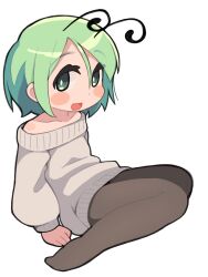 Rule 34 | 1girl, :d, alternate costume, antennae, blush, brown pantyhose, collarbone, commentary, flat chest, full body, green eyes, green hair, grey background, grey sweater, hair between eyes, highres, long bangs, looking at viewer, off-shoulder sweater, off shoulder, open mouth, pantyhose, short hair, simple background, sitting, smile, solo, sweater, touhou, ugif, wriggle nightbug