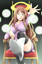 Rule 34 | 1girl, arm up, black shorts, black thighhighs, breasts, brown eyes, brown hair, cleavage, commentary request, dress, energy, energy ball, foot out of frame, fuuma nagi, glowing, gradient background, grey background, high heels, highres, long hair, long sleeves, looking at viewer, medium breasts, mugino shizuri, open mouth, plasma, psychic, purple dress, short shorts, shorts, sitting, solo, teeth, thighhighs, thighs, toaru kagaku no railgun, toaru kagaku no railgun s, toaru majutsu no index, upper teeth only, v-shaped eyebrows, white footwear