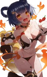 Rule 34 | 1girl, 1other, absurdres, arm strap, bare shoulders, bikini, blush, bow, bowtie, braid, choker, collarbone, cowboy shot, fire, genshin impact, gloves, guoba (genshin impact), hands up, highres, hikimayu, holding, keureu (tiqkdtiqkd10), looking at viewer, open mouth, pepper, short hair, sidelocks, sweat, swimsuit, thighhighs, thighs, tongue, tongue out, very sweaty, white background, xiangling (genshin impact)