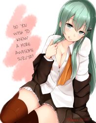 Rule 34 | 10s, 1girl, aqua hair, breasts, brown jacket, brown skirt, brown thighhighs, cleavage, clothes pull, collarbone, collared shirt, frilled skirt, frills, green eyes, hair between eyes, hair ornament, hairclip, hard-translated, jacket, kanna (horntp), kantai collection, large breasts, long hair, looking at viewer, open clothes, pleated skirt, seductive smile, shirt, shirt pull, sitting, skirt, smile, solo, suzuya (kancolle), thighhighs, third-party edit, tongue, tongue out, translated, twitter username, white shirt, zettai ryouiki