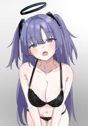 Rule 34 | 1girl, :o, absurdres, armpit crease, black bra, black panties, blue archive, blush, bra, breasts, cleavage, gradient background, grey background, halo, head tilt, highres, lace, lace bra, lace panties, large breasts, leaning forward, long hair, looking at viewer, mechanical halo, n ban zzz, open mouth, panties, purple eyes, purple hair, simple background, solo, sweat, thigh gap, two side up, underwear, underwear only, yuuka (blue archive)