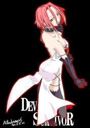 Rule 34 | 1girl, back, black thighhighs, boots, breasts, choker, devil survivor, downblouse, dress, elbow gloves, gloves, harusawa yoshino, nanahisa, off shoulder, red hair, short hair, side slit, sideboob, solo, spaghetti strap, thigh boots, thighhighs, yellow eyes