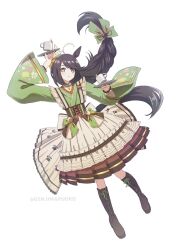 Rule 34 | 1girl, ahoge, animal ears, black hair, blush, boots, coffee cup, corset, cross-laced footwear, cup, disposable cup, ear covers, full body, green kimono, highres, holding, holding saucer, horse ears, horse girl, japanese clothes, kimono, lace-up boots, long bangs, long hair, long sleeves, looking at viewer, mafty, maid, manhattan cafe (umamusume), manhattan cafe (verdant night) (umamusume), official alternate costume, official alternate hairstyle, saucer, simple background, single ear cover, solo, twitter username, umamusume, wa maid, white background, white hair, yellow eyes