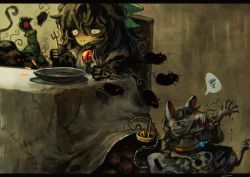 Rule 34 | 3girls, animal ears, cat ears, dining room, eating, guro, kaenbyou rin, koto inari, mouse (animal), multiple girls, nazrin, plate, reiuji utsuho, sad, tail, touhou