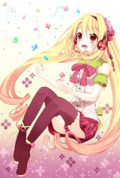 Rule 34 | 1girl, anklet, black thighhighs, blonde hair, borrowed character, bow, breasts, drill hair, female focus, floral background, flower, full body, gradient background, hair flower, hair ornament, hair ribbon, hairband, headset, highres, jewelry, long hair, melona (koto), music, musical note, nail polish, nashi rin, open mouth, original, outstretched arms, plaid, plaid skirt, red eyes, ribbon, singing, skirt, solo, thighhighs, very long hair