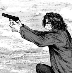 Rule 34 | 1boy, absurdres, arms up, black hair, facial hair, greyscale, gun, highres, holding, holding gun, holding weapon, jacket, kneeling, korean commentary, looking away, male focus, medium hair, messy hair, monochrome, monster (manga), my nameisyoon, on one knee, sideways, solo, stubble, tenma kenzou, weapon, wet, wet clothes, wet face