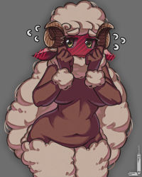 Rule 34 | 1girl, animal ears, blush, breasts, closed mouth, commentary, completely nude, cowboy shot, curled horns, dark skin, dark-skinned female, ear blush, english commentary, flying sweatdrops, full-face blush, green eyes, grey background, hands up, highres, horizontal pupils, horns, jitome, large breasts, loen, long hair, monster girl, navel, no nose, nude, original, sheep ears, sheep horns, solo, standing, stomach day, twitter username, very long hair, wavy mouth, white hair
