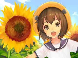 Rule 34 | 10s, 1girl, alternate costume, bad id, bad twitter id, blue sky, brown eyes, brown hair, cloud, day, flower, hat, kantai collection, km yama, leaf, looking at viewer, nature, open mouth, outdoors, sailor collar, short hair, short sleeves, sky, solo, straw hat, sunflower, upper body, yukikaze (kancolle)