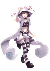 Rule 34 | 1girl, choker, facial mark, green eyes, hand on headwear, hat, highres, hijiki meshi, merry nightmare, midriff, navel, open mouth, pointy ears, purple hair, ribbon, short hair, simple background, skirt, solo, striped clothes, striped thighhighs, thighhighs, white background, yumekui merry, zettai ryouiki