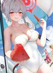 Rule 34 | 4girls, absurdres, akari (blue archive), blonde hair, blue archive, blurry, blurry background, braid, breasts, brown hair, covered navel, fingernails, food, fruit, gourmet research society (blue archive), grey hair, halo, haruna (blue archive), highres, innertube, izumi (blue archive), junko (blue archive), large breasts, multiple girls, one-piece swimsuit, parasol, red eyes, red hair, side braid, single wing, swim ring, swimsuit, towrituka, twitter username, umbrella, watermelon, white one-piece swimsuit, wings