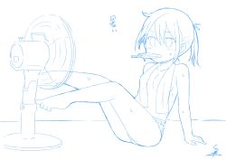Rule 34 | 1girl, absurdres, bare legs, barefoot, blue theme, breasts, electric fan, food, highres, monochrome, mouth hold, original, popsicle, short shorts, shorts, signature, sitting, sketch, small breasts, solo, sweat, topless, towel, towel around neck, tsukigi, twintails