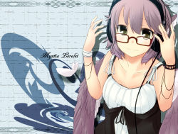 Rule 34 | 1girl, alternate costume, animal ears, bad id, bad pixiv id, bare shoulders, bespectacled, bow, bracelet, breasts, casual, cleavage, contemporary, feathers, female focus, glasses, grey eyes, hat, headphones, jewelry, kuroi mizore, large breasts, mystia lorelei, purple hair, ribbon, short hair, smile, solo, touhou, wings