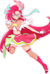 Rule 34 | 1girl, absurdres, aqua hair, blush, boots, brooch, cure flamingo, earrings, feather earrings, feathers, fingerless gloves, fingernails, fishnet thighhighs, fishnets, full body, gloves, grin, hair ornament, heart, heart in eye, highres, jewelry, knee boots, long hair, looking at viewer, magical girl, midriff, multicolored eyes, multicolored hair, official style, pink eyes, precure, purple eyes, red footwear, red hair, red skirt, simple background, single earring, skirt, smile, solo, streaked hair, symbol in eye, takizawa asuka, teeth, thighhighs, tiler (tiler00), tropical-rouge! precure, two-tone hair, white background, white gloves
