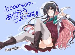 Rule 34 | 1girl, announcement, artist name, ass, black hair, blazer, blue background, boots, cross-laced footwear, full body, grey thighhighs, grin, hairband, halterneck, jacket, kantai collection, lace-up boots, long hair, looking at viewer, mikage takashi, multicolored hair, naganami (kancolle), pink hair, shirt, simple background, smile, solo, thighhighs, two-tone hair, v, wavy hair, white hairband, white shirt