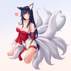Rule 34 | 1girl, absurdres, ahri (league of legends), animal ears, bare shoulders, blush, breasts, cleavage, commentary request, facial mark, fang, fox ears, fox tail, heart, highres, korean clothes, kyuubi, league of legends, long hair, looking at viewer, low-tied long hair, ml04 (malang22), multiple tails, nail polish, revision, sitting, slit pupils, smile, solo, tail, thighs, vastaya, whisker markings, yellow eyes