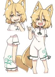 Rule 34 | 1girl, animal ears, barefoot, blonde hair, blush, commentary request, covered navel, fox ears, fox girl, fox shadow puppet, fox tail, full body, green ribbon, highres, kudamaki tsukasa, ooyama bokuchi, open mouth, ribbon, romper, short hair, simple background, tail, touhou, white background, yellow eyes