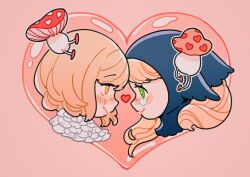 Rule 34 | 2girls, blonde hair, blue hood, blush, chimera, crying, crying with eyes open, dungeon meshi, falin touden, falin touden (chimera), feathers, fly agaric, green eyes, heart, highres, long hair, marcille donato, marcille donato (lord), meyoco, multiple girls, mushroom, pink background, short hair, simple background, tears, walking mushroom (dungeon meshi), white feathers, yellow eyes, yuri
