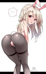 Rule 34 | 1girl, animal ears, anzu ame, ass, bare shoulders, bent over, blush, brown eyes, bunny day, fake animal ears, fake tail, fate/kaleid liner prisma illya, fate (series), feet out of frame, grey hair, highres, illyasviel von einzbern, leotard, long hair, looking at viewer, looking back, open mouth, pantyhose, pink leotard, playboy bunny, rabbit ears, rabbit tail, solo, strapless, strapless leotard, tail, thighband pantyhose