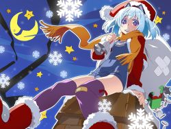 Rule 34 | 1000-chan, animal ears, bag, boots, cat ears, chimney, cleaned, coin, gift, hat, moon, official art, oizumi, santa boots, santa costume, santa hat, scarf, school swimsuit, smokestack, solo, star-shaped pupils, star (sky), star (symbol), swimsuit, symbol-shaped pupils, thighhighs, twintails, watanabe akio