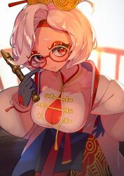 Rule 34 | 1girl, black gloves, breasts, closed mouth, commentary request, eyeshadow, glasses, gloves, hair ornament, hair stick, highres, index finger raised, jacket, large breasts, lips, looking at viewer, makeup, nintendo, open clothes, open jacket, pantyhose, pink lips, purah, red-framed eyewear, red eyes, red eyeshadow, red pantyhose, rindoriko, round eyewear, sheikah, short hair, smile, solo, the legend of zelda, the legend of zelda: tears of the kingdom, white hair, white jacket