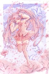 Rule 34 | 1girl, absurdres, arms up, blue background, boots, bug, butterfly, cherry blossoms, detached sleeves, flower, full body, hatsune miku, highres, insect, leg up, limited palette, looking at viewer, miniskirt, painting (medium), petals, pink flower, pink hair, sakura miku, shirt, skirt, sleeveless, sleeveless shirt, solo, thigh boots, thighhighs, tpamjdsta (usatokurasu), traditional media, vocaloid, watercolor (medium)