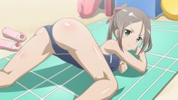 Rule 34 | 1girl, all fours, artist request, ass, bare shoulders, beach, beach towel, blue one-piece swimsuit, blush, breasts, brown hair, closed mouth, day, from behind, frown, green eyes, hair ornament, hair ribbon, hairclip, highres, long hair, looking at viewer, looking back, medium breasts, miyoshi karin, official art, one-piece swimsuit, outdoors, ribbon, sand, sandals, unworn sandals, school swimsuit, shiny skin, solo, swimsuit, towel, twintails, yuuki yuuna wa yuusha de aru, yuusha de aru