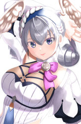 Rule 34 | 012 sasaki, 1girl, absurdres, arm behind head, arm up, blue hairband, blush, bow, bowtie, breasts, cleavage, clothing cutout, commentary request, crossed bangs, detached collar, dress, drill hair, framed breasts, grey eyes, grey hair, hairband, head wings, highres, juliet sleeves, large breasts, layered sleeves, long sleeves, looking at viewer, melia antiqua, mesh, navel cutout, pink bow, pink lips, puffy sleeves, purple eyes, ribbed dress, side cutout, simple background, smile, solo, upper body, white background, white dress, white theme, wings, xenoblade chronicles: future connected, xenoblade chronicles (series), xenoblade chronicles 1
